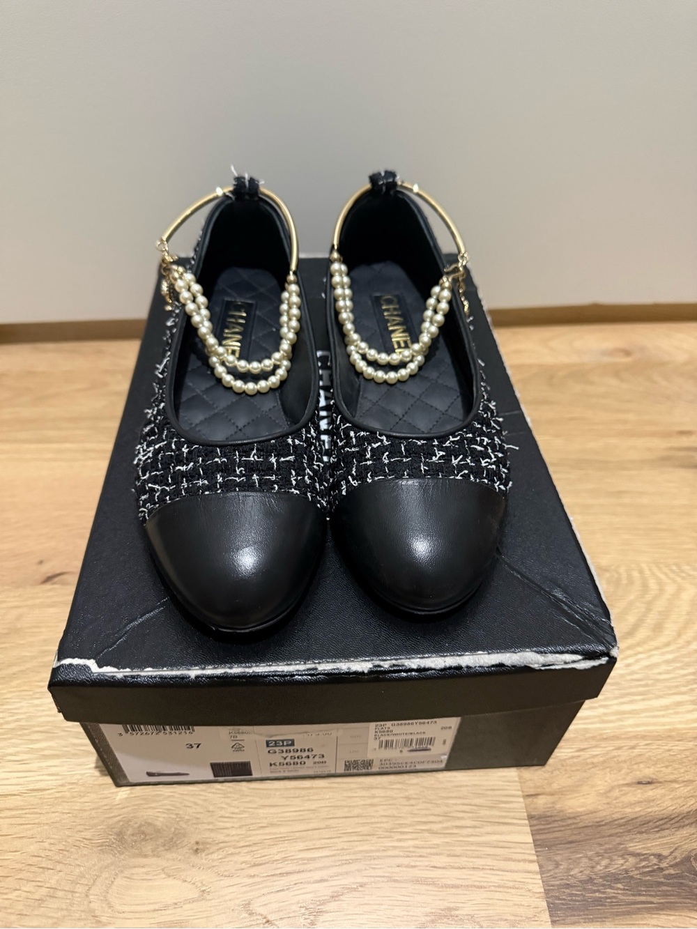 CHANEL Black Tweed Flats with Pearl Ankle Straps